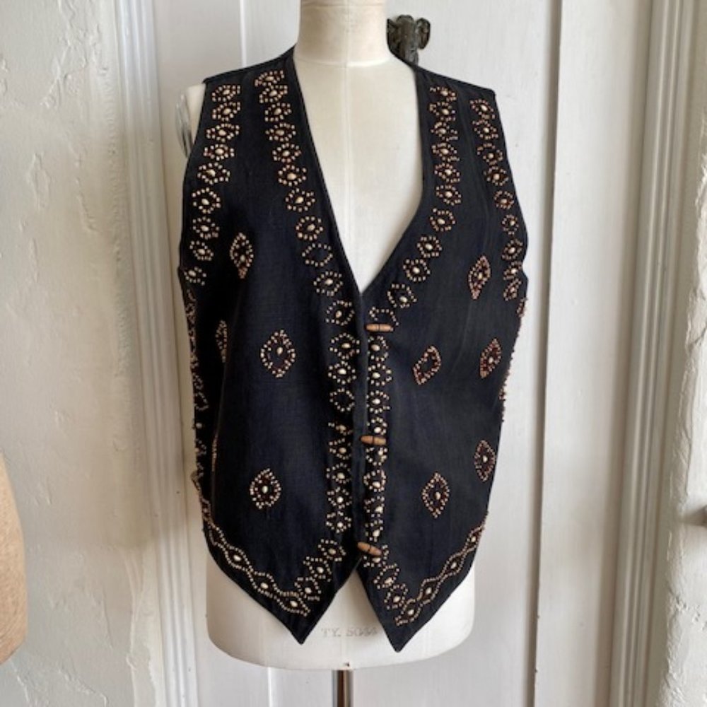 Vintage 90's KZK BLACK Ethnic Boho Vest w Wood Bead Embellishments Size L